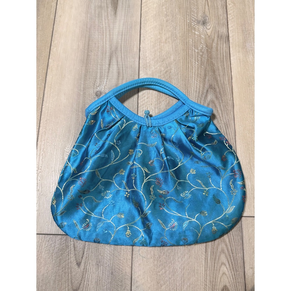 Vintage Asian Tapestry Handbag Turquoise Blue Floral Gold Embroidered Frog Knot